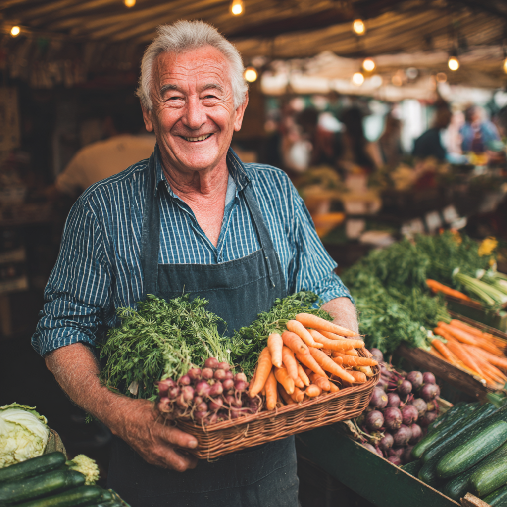 Happy elderly European couple preparing healthy meal together in modern kitchen, smiling while chopping vegetables