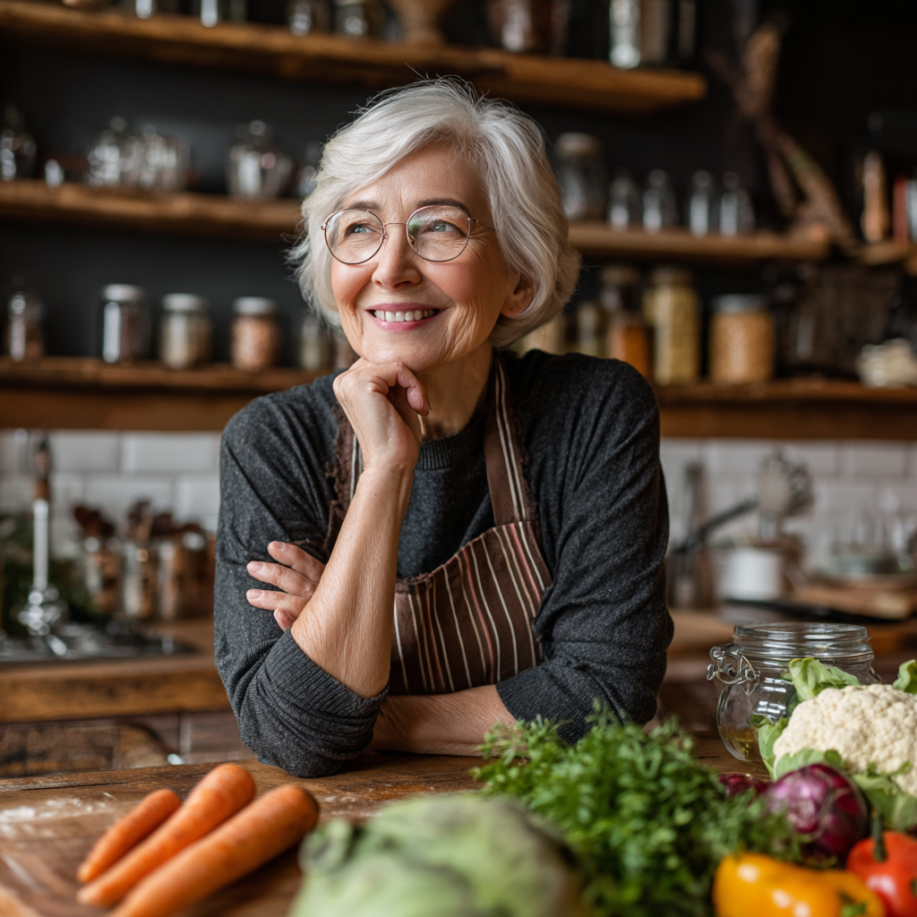 Confident elderly European woman nutritionist in white coat consulting with healthy foods and charts on desk, professional medical office setting